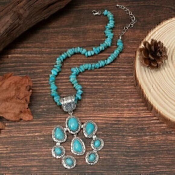 Squash Blossom European And American Ethnic Blue Turquoise Necklace - Picture 1 of 3